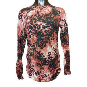 MAX & RINA Womens S Black Red Animal Print Long Sleeve Zipper Accent Ruched Top